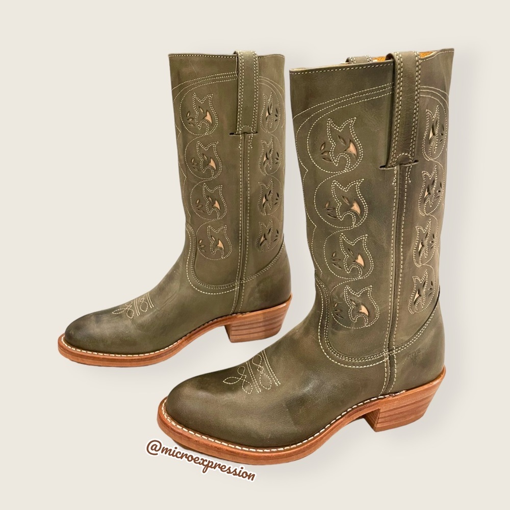 VINTAGE 1980 Frye Austin Sage Green Real Leather Floral Embroidered Cowboy Boot - Picture 12 of 14